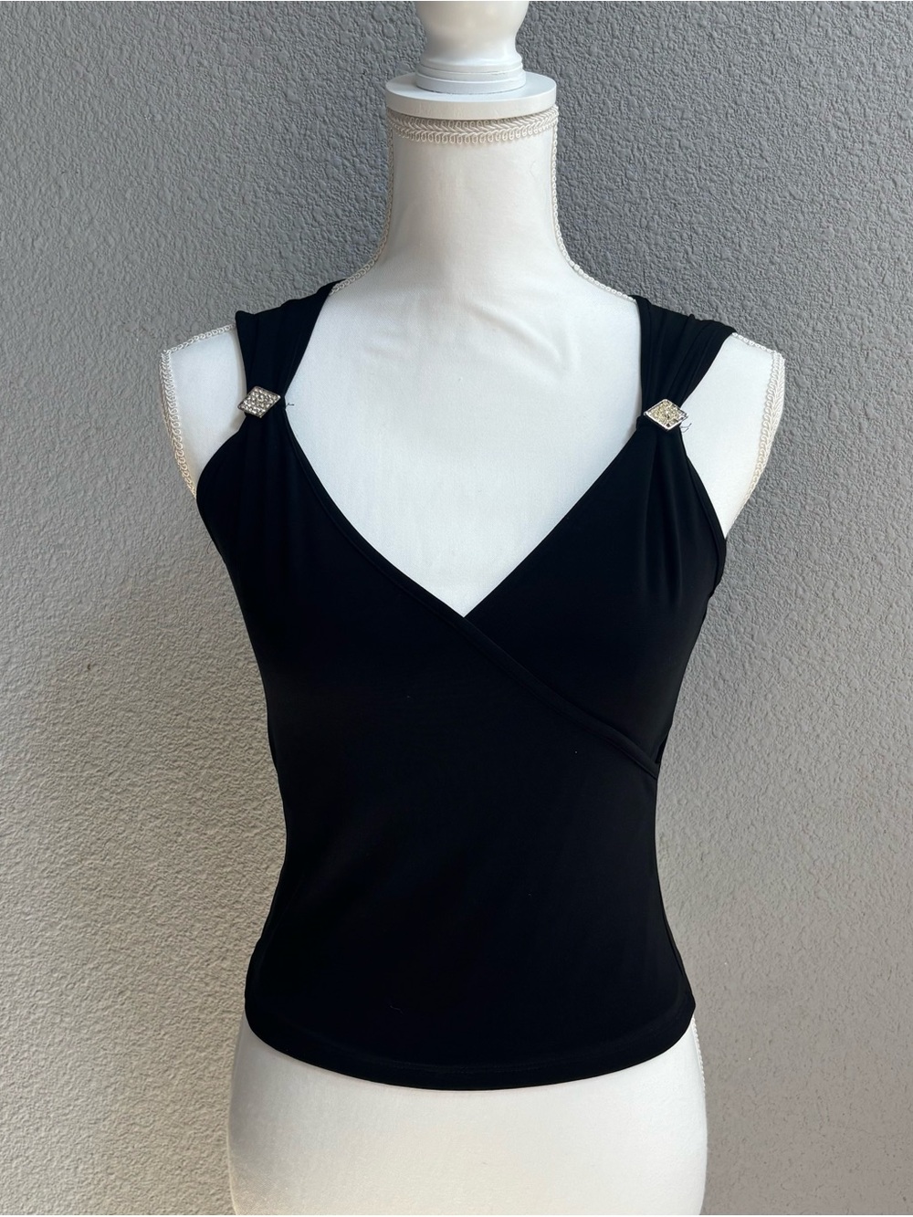 Black V-Neck Sleeveless Tank with Rhinestone Accent Straps